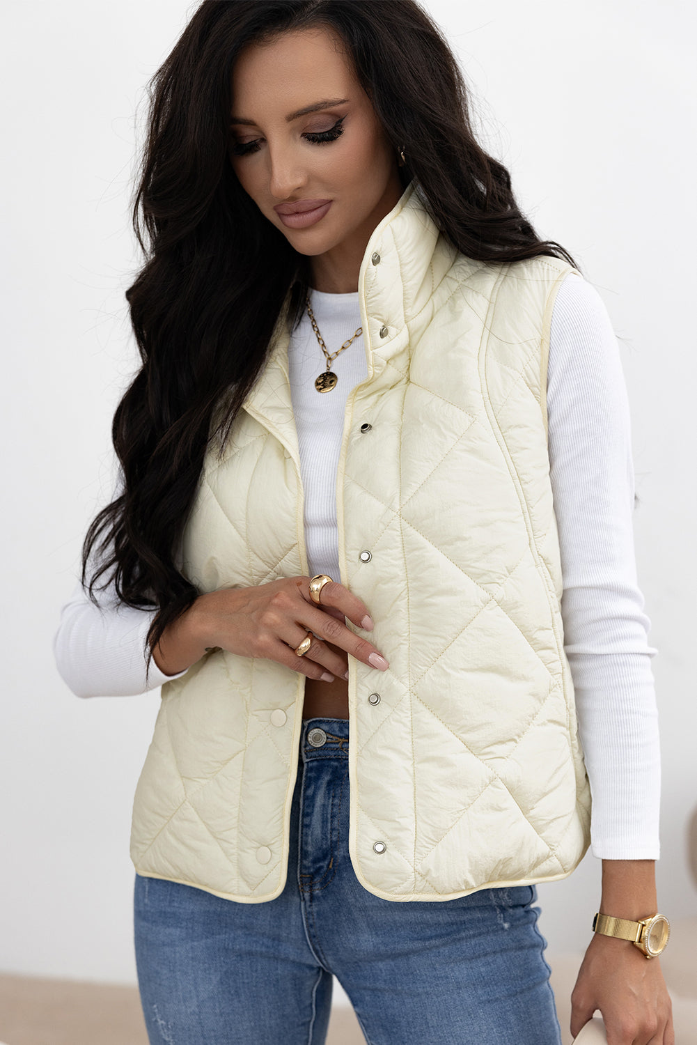 Beige Quilted High Neck Button Up Pocket Vest Coat - Outerwear/Vests