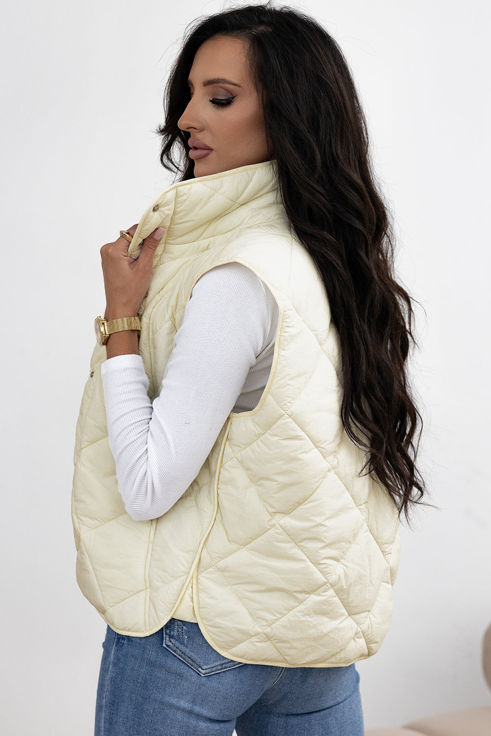 Beige Quilted High Neck Button Up Pocket Vest Coat - Outerwear/Vests