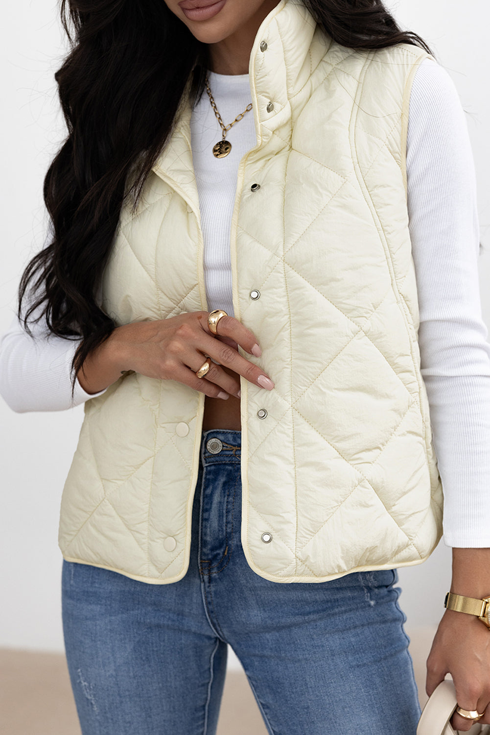 Beige Quilted High Neck Button Up Pocket Vest Coat - Outerwear/Vests