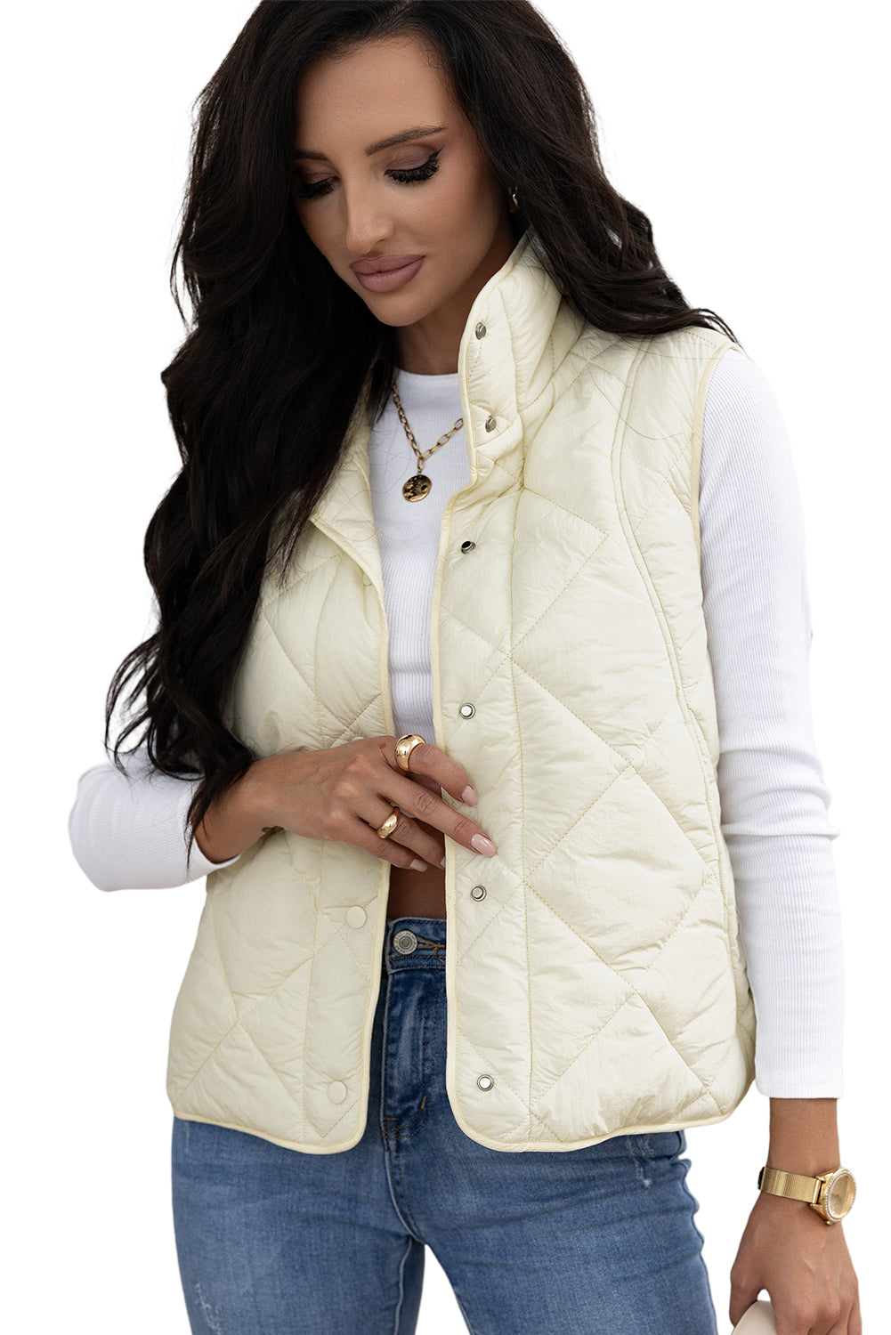 Beige Quilted High Neck Button Up Pocket Vest Coat - Outerwear/Vests