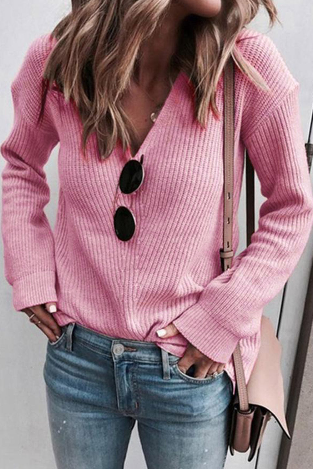 Beige Ribbed Knit V Neck Sweater - PINK / S / 55% ACRYLIC + 45% COTTON - Sweaters & Cardigans/Sweaters