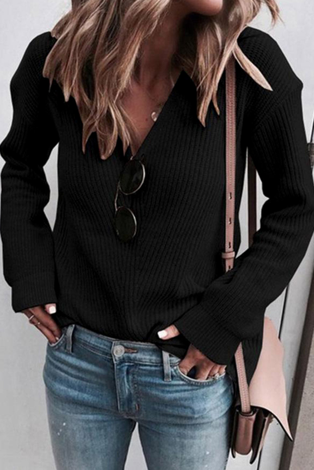 Beige Ribbed Knit V Neck Sweater - BLACK / S / 55% ACRYLIC + 45% COTTON - Sweaters & Cardigans/Sweaters