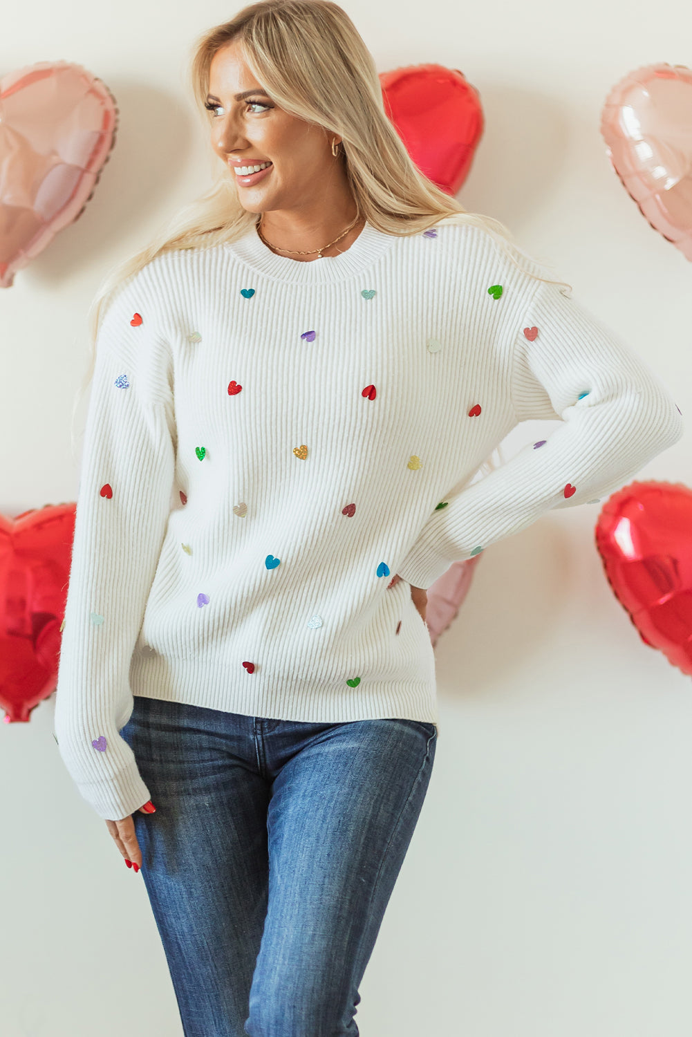 Beige Sequin Heart Shape Waffle Knit Round Neck Sweater - eAura