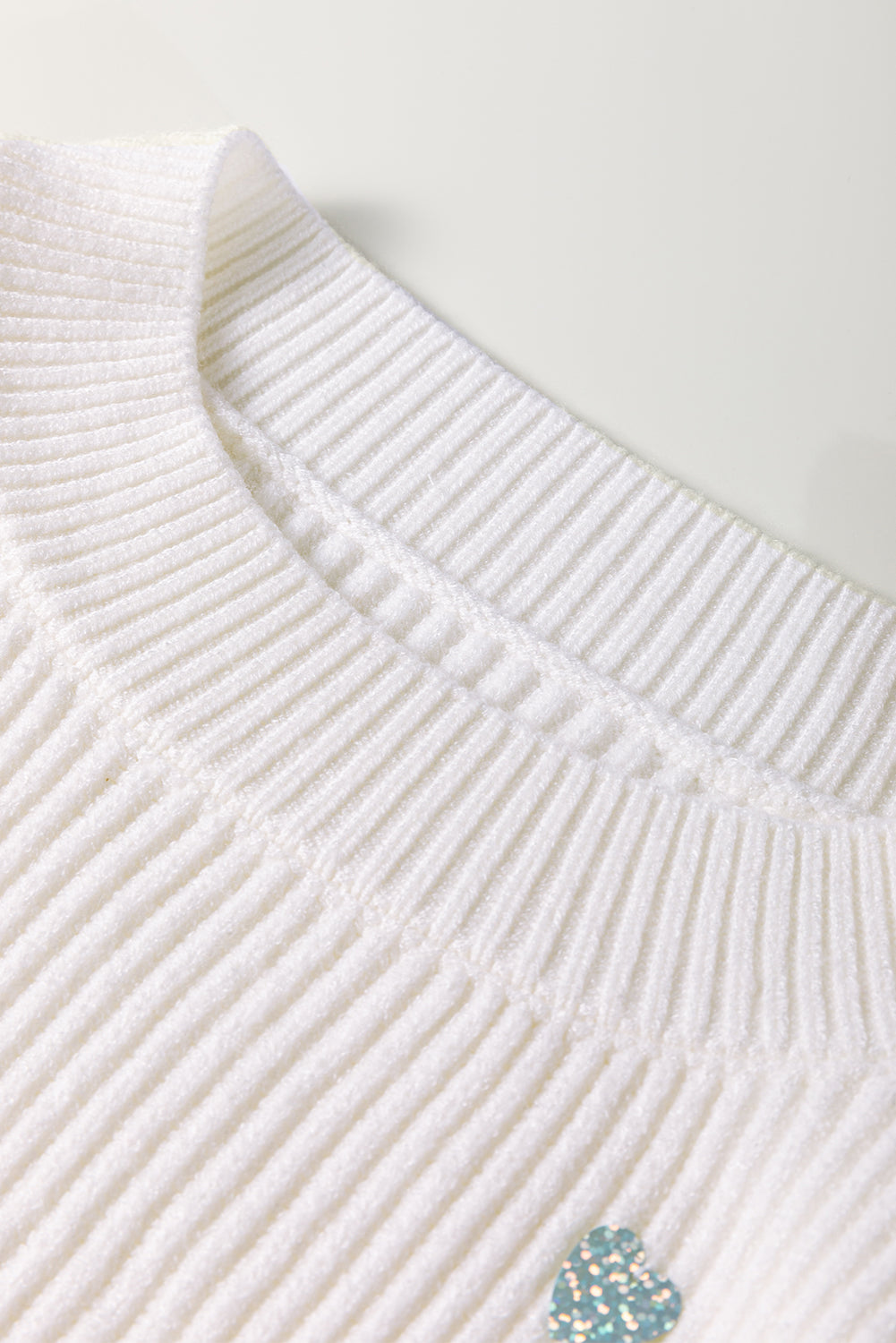 Beige Sequin Heart Shape Waffle Knit Round Neck Sweater - Sweaters & Cardigans/Sweaters