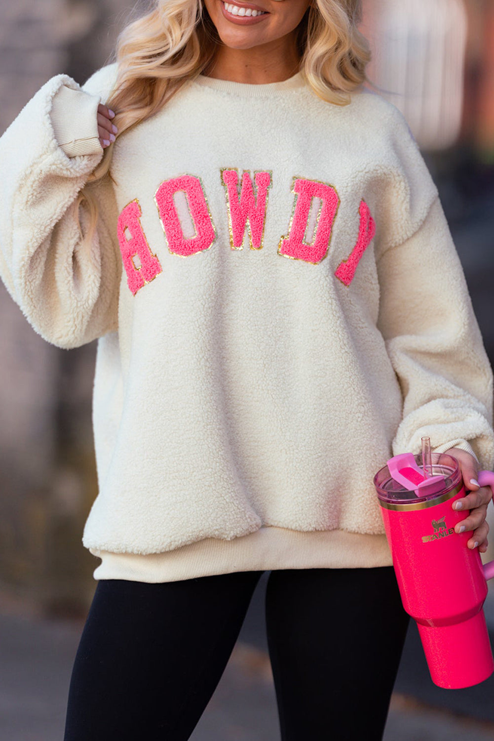 Beige Sherpa HOWDY Patched Pullover Sweatshirt - BEIGE / S / 100% POLYESTER - Tops/Sweatshirts & Hoodies