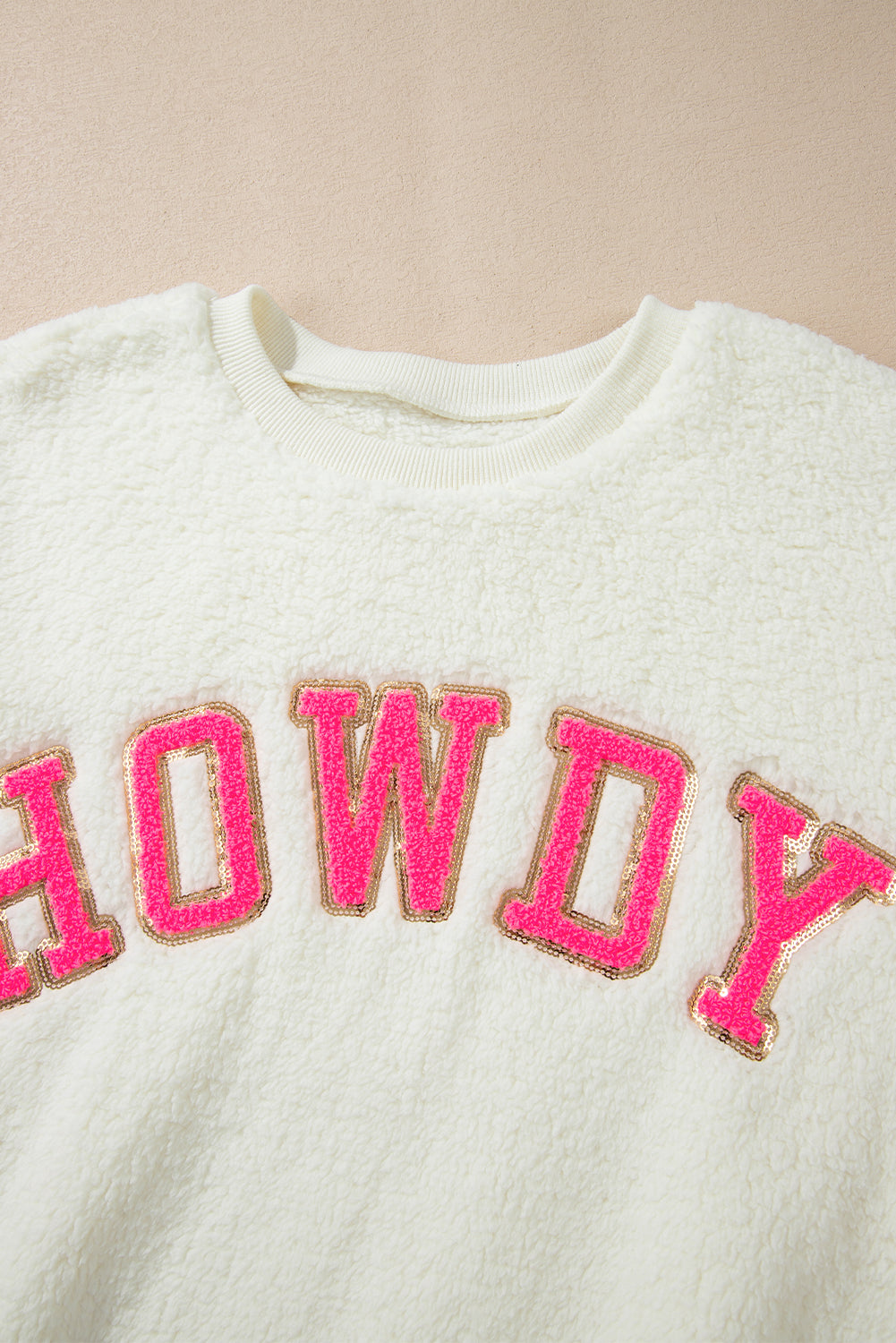 Beige Sherpa HOWDY Patched Pullover Sweatshirt - Tops/Sweatshirts & Hoodies