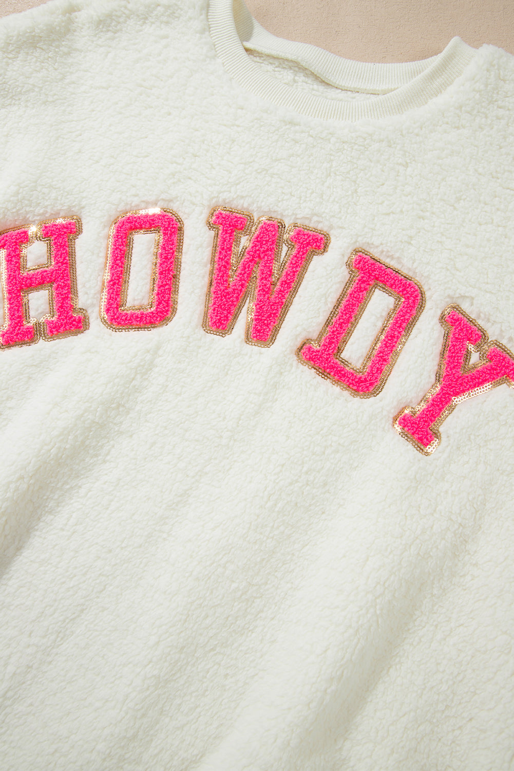 Beige Sherpa HOWDY Patched Pullover Sweatshirt - Tops/Sweatshirts & Hoodies