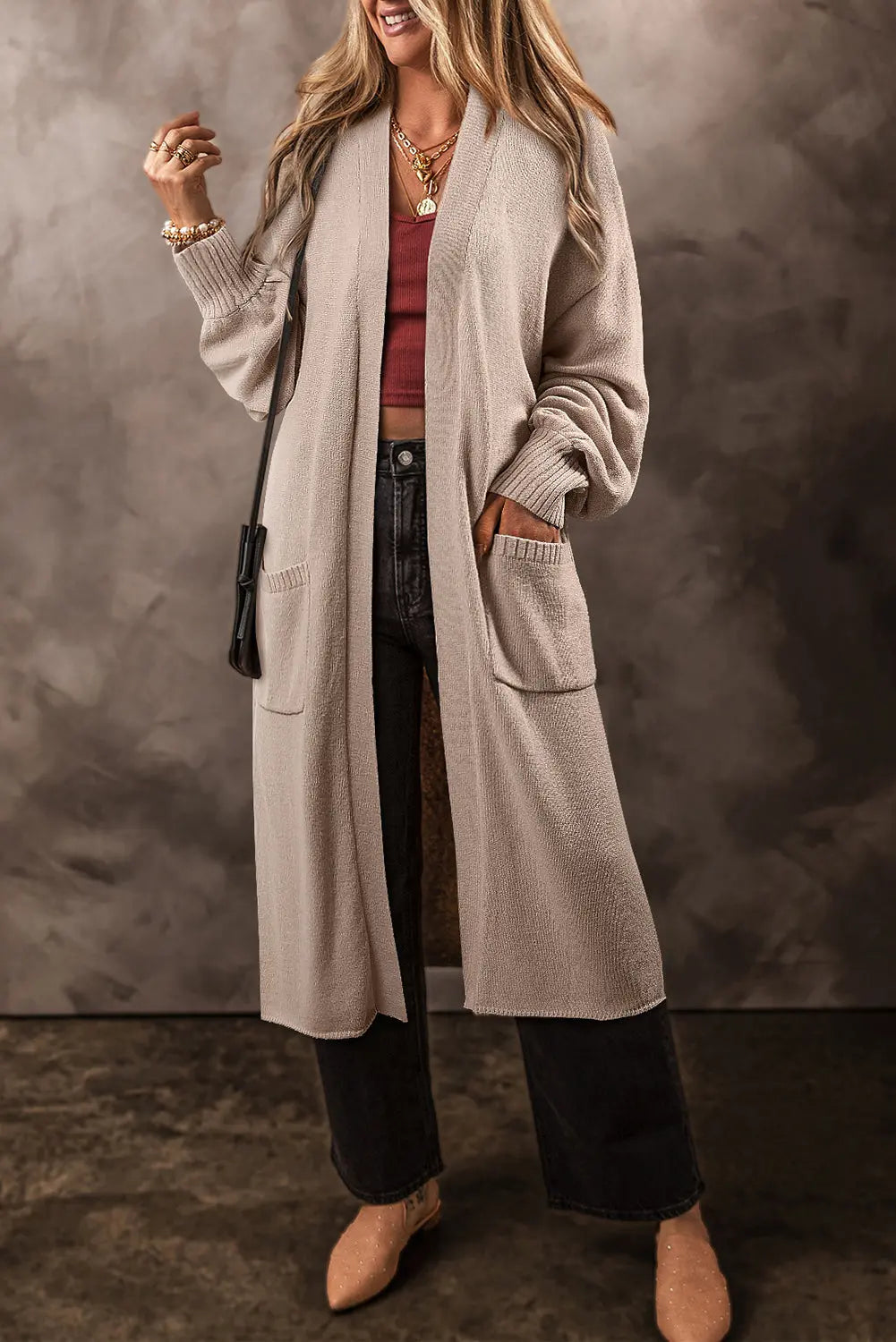 Beige Side Pockets Open Front Long Knitted Cardigan Beagle Boutique Fashion Outlet