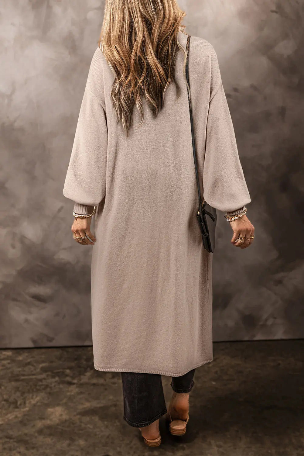 Beige Side Pockets Open Front Long Knitted Cardigan Beagle Boutique Fashion Outlet
