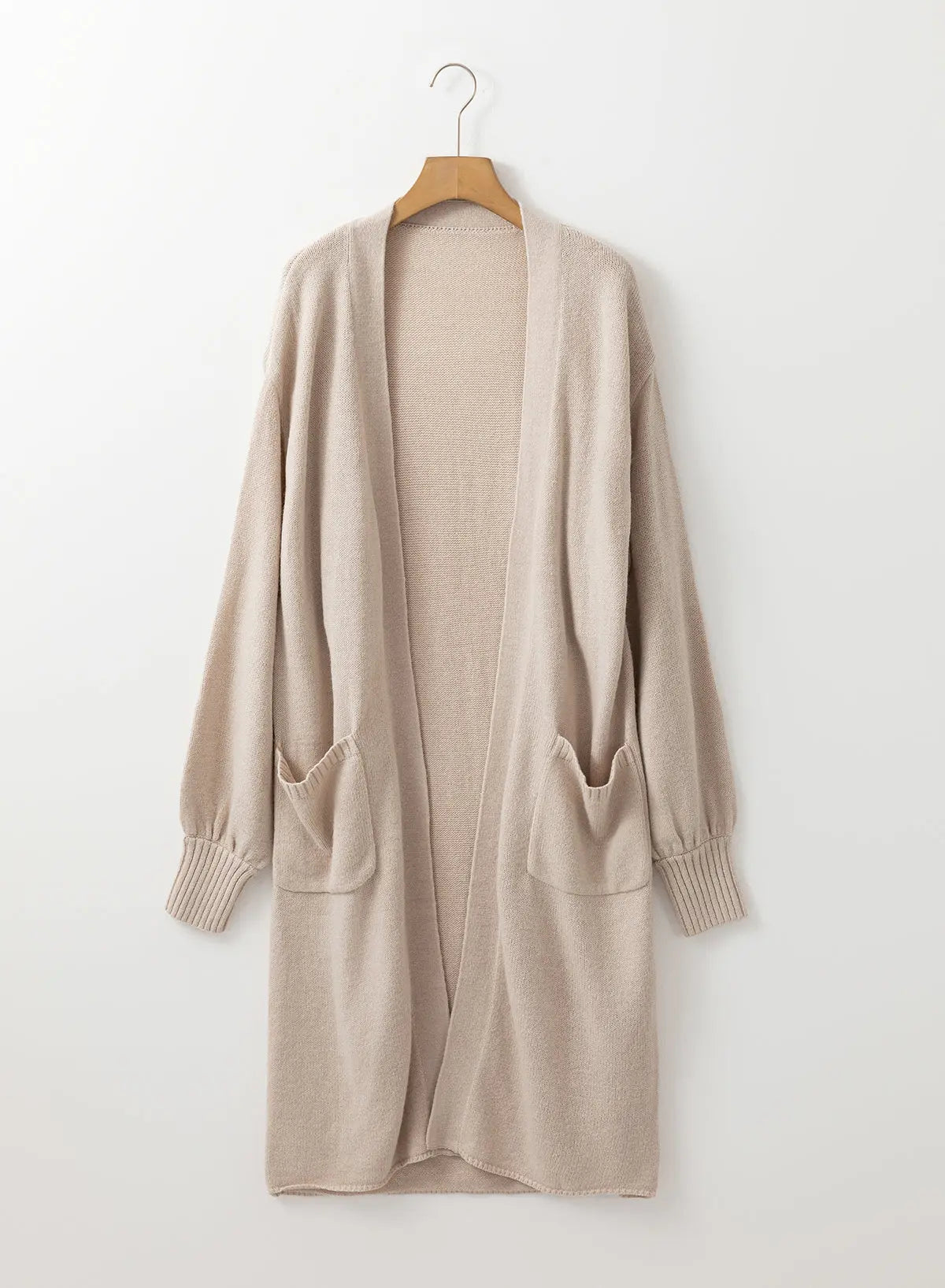 Beige Side Pockets Open Front Long Knitted Cardigan Beagle Boutique Fashion Outlet