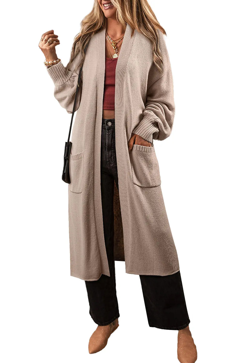 Beige Side Pockets Open Front Long Knitted Cardigan Beagle Boutique Fashion Outlet