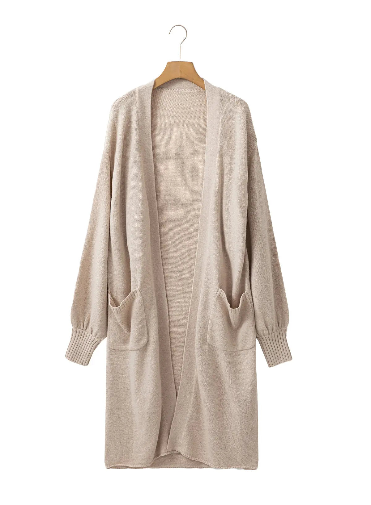 Beige Side Pockets Open Front Long Knitted Cardigan Beagle Boutique Fashion Outlet