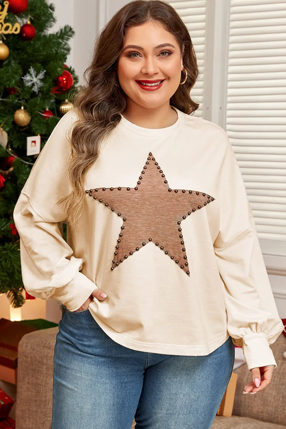 Plus Long Sleeve Studded Crew T Shirt