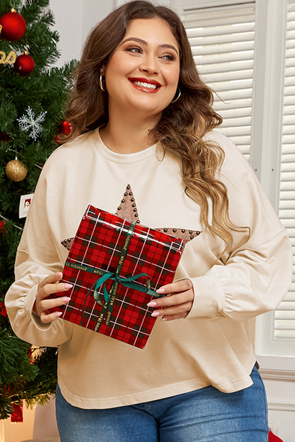 Beige Star Shape Studded Crew Neck Plus Size T Shirt - eAura