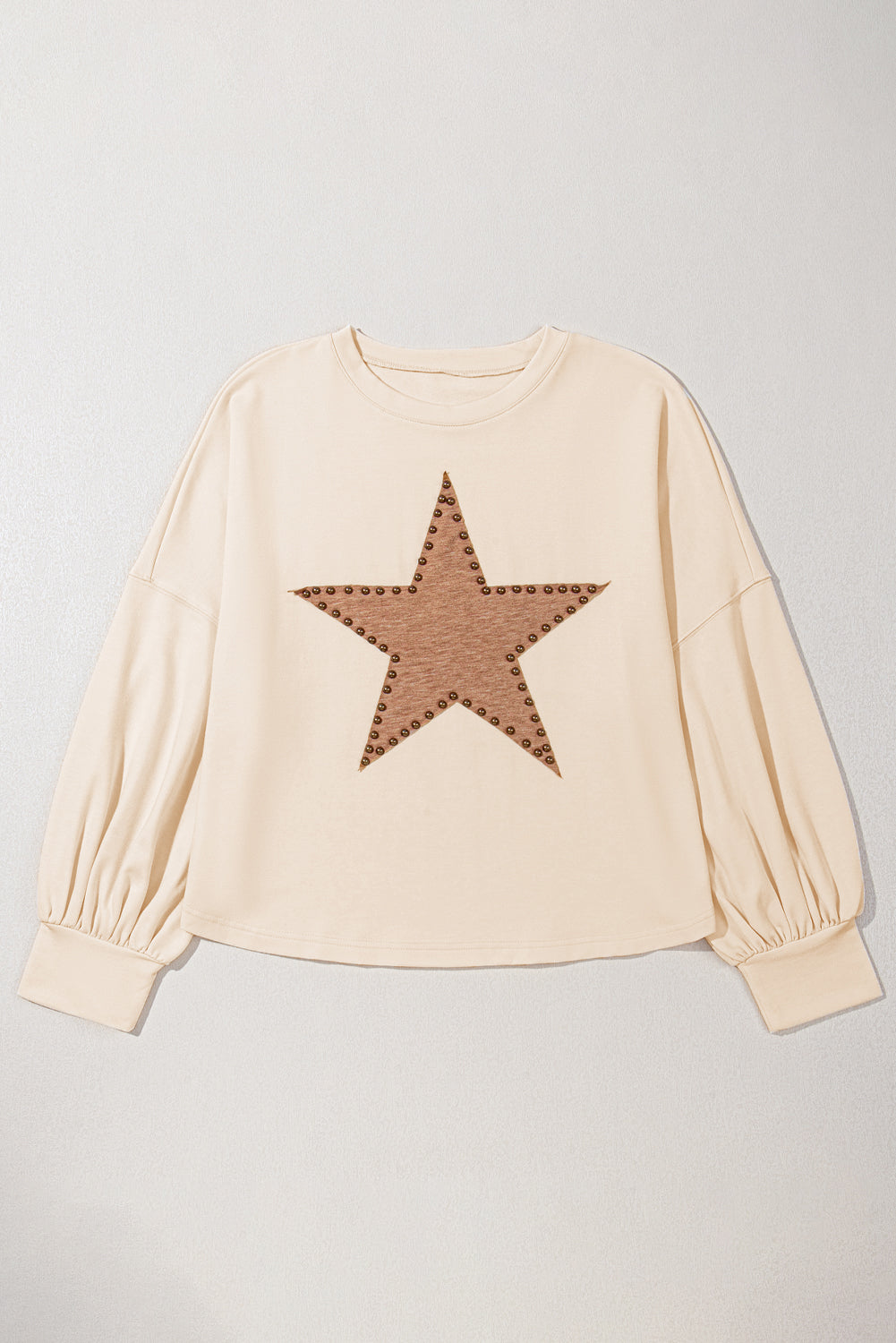 Beige Star Shape Studded Crew Neck Plus Size T Shirt - eAura