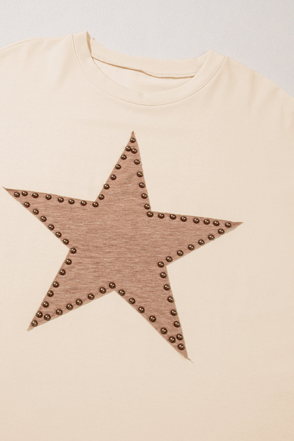 Beige Star Shape Studded Crew Neck Plus Size T Shirt - eAura