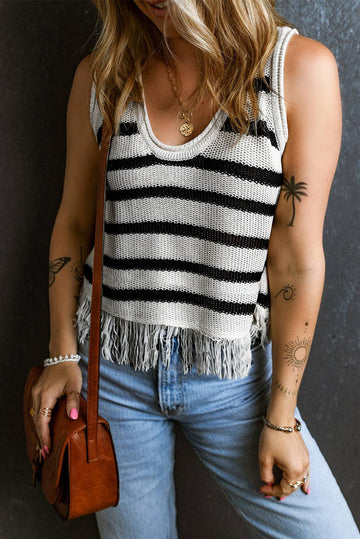 Beige Stripe Loose Knit Fringe Tank Top - eAura