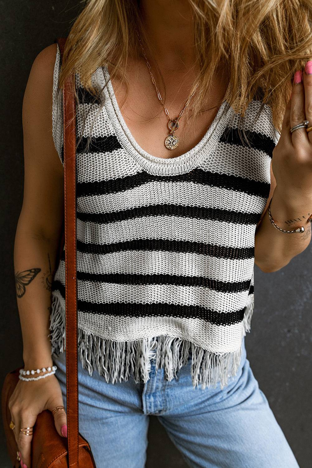 Beige Stripe Loose Knit Fringe Tank Top - eAura