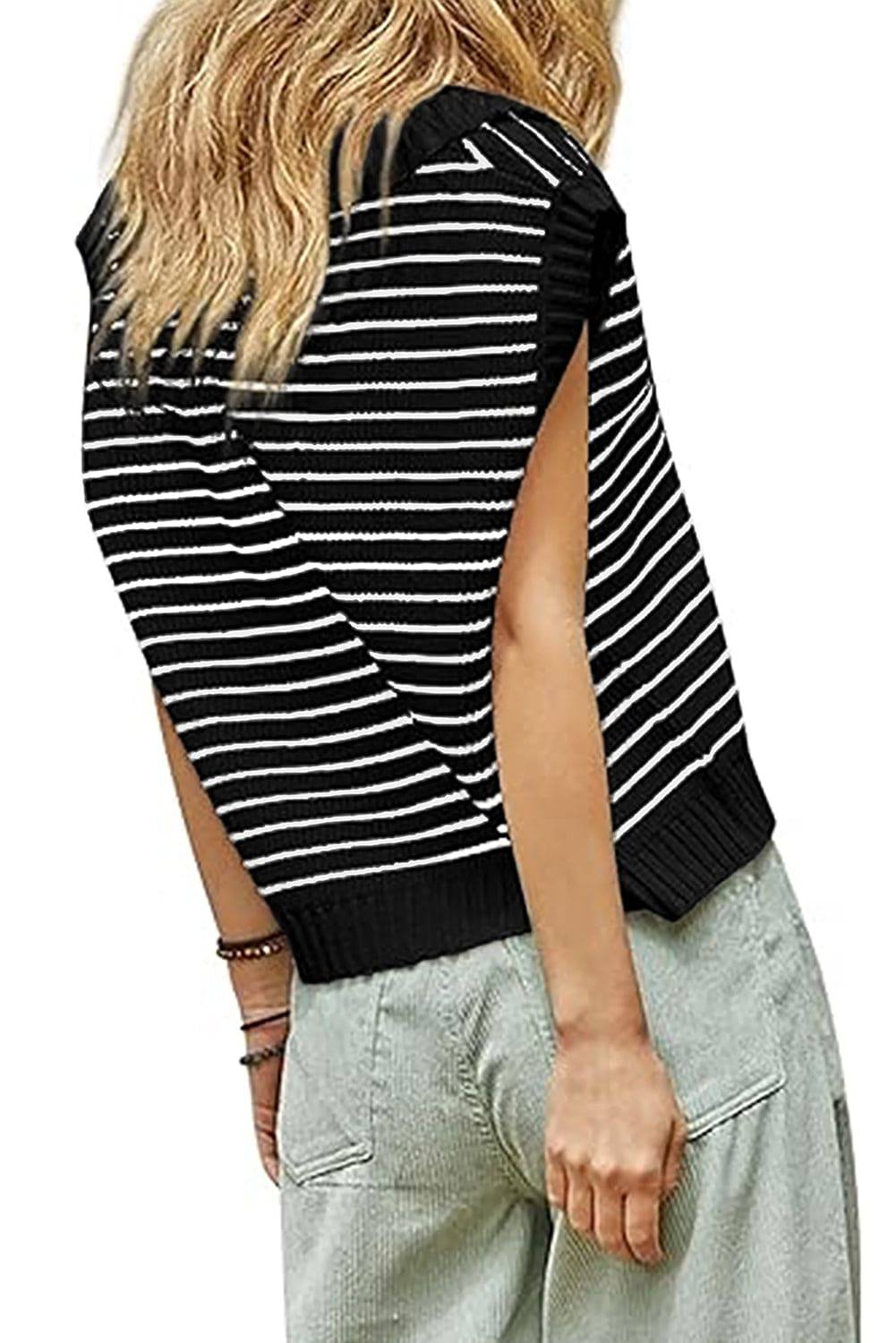 Beige Stripe Turn-down V Neck Sweater Tank Top - eAura
