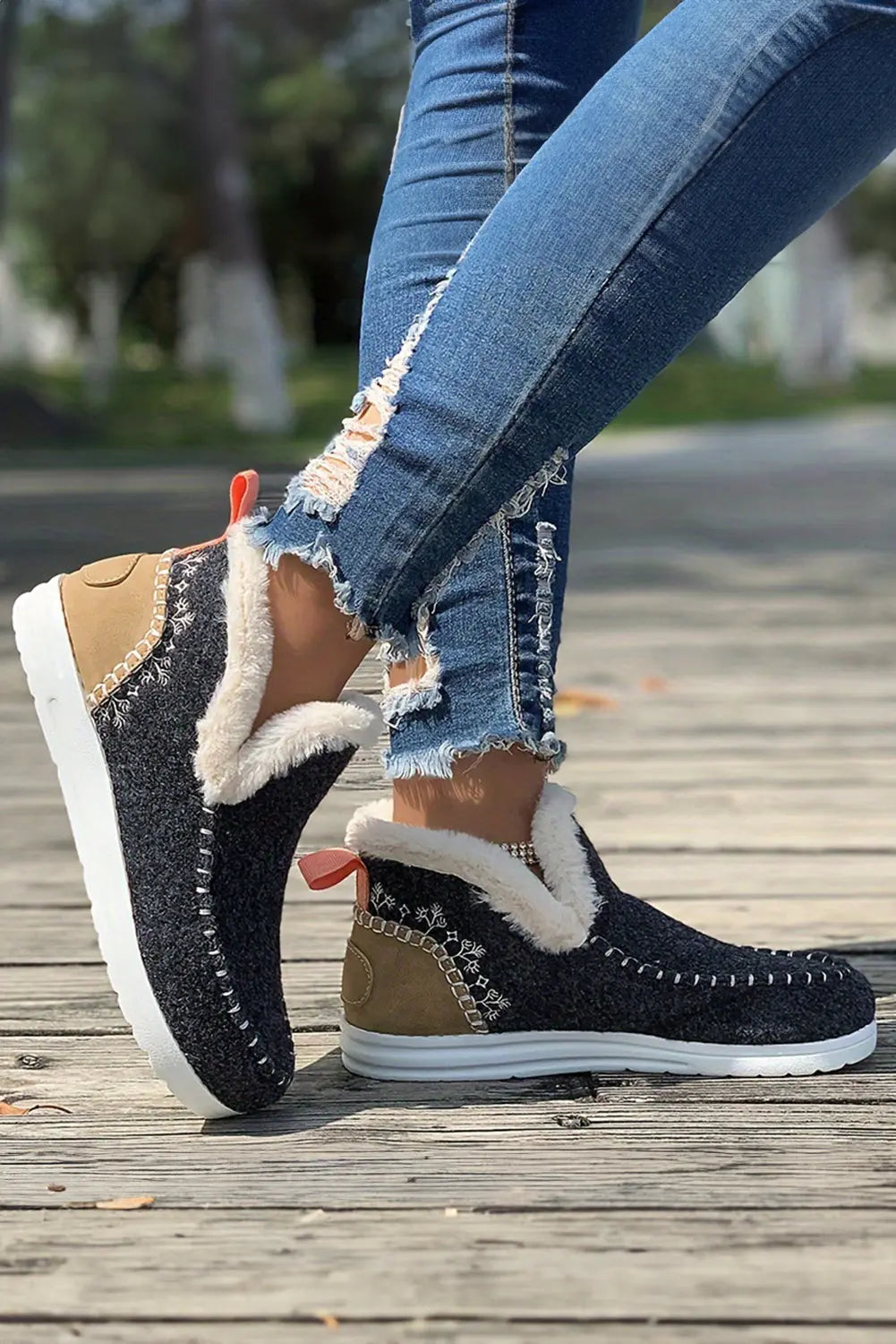 Beige Suede Stitching Patchwork Plush Lined Anklet Boots - eAura