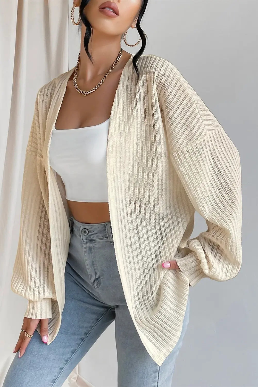 Beige Textured Lantern Sleeve Open Kimono Beagle Boutique Fashion Outlet