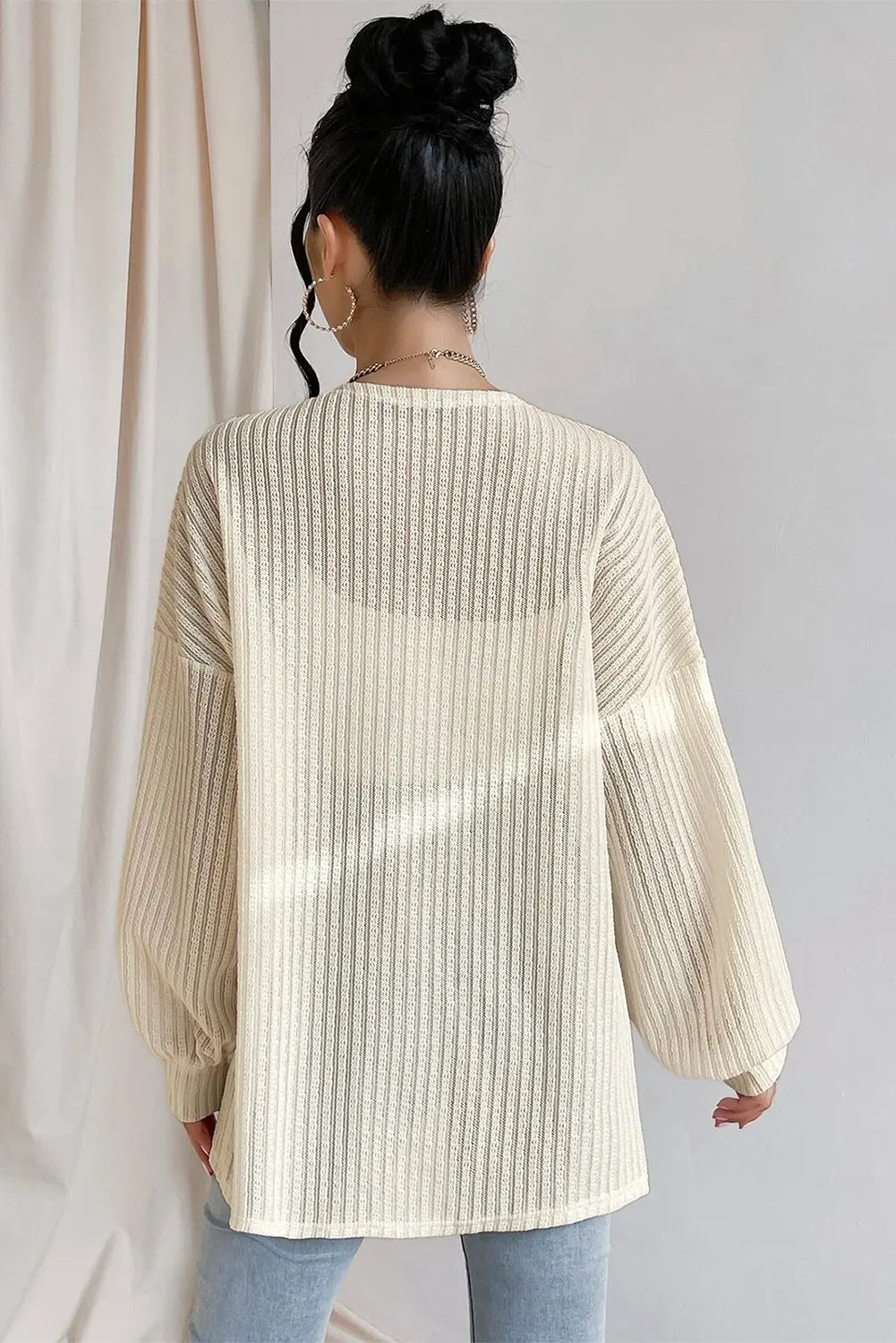 Beige Textured Lantern Sleeve Open Kimono Beagle Boutique Fashion Outlet