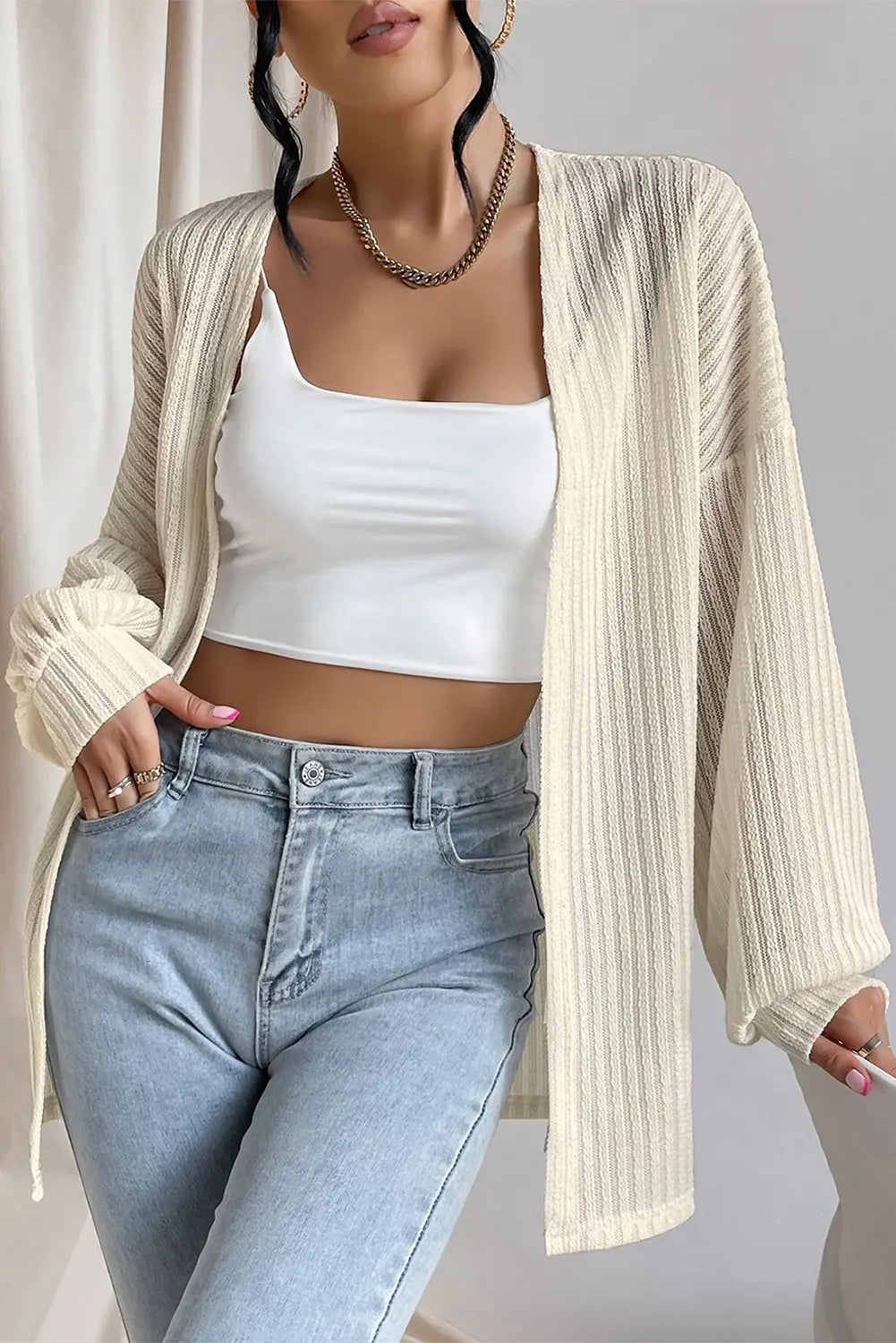 Beige Textured Lantern Sleeve Open Kimono Beagle Boutique Fashion Outlet
