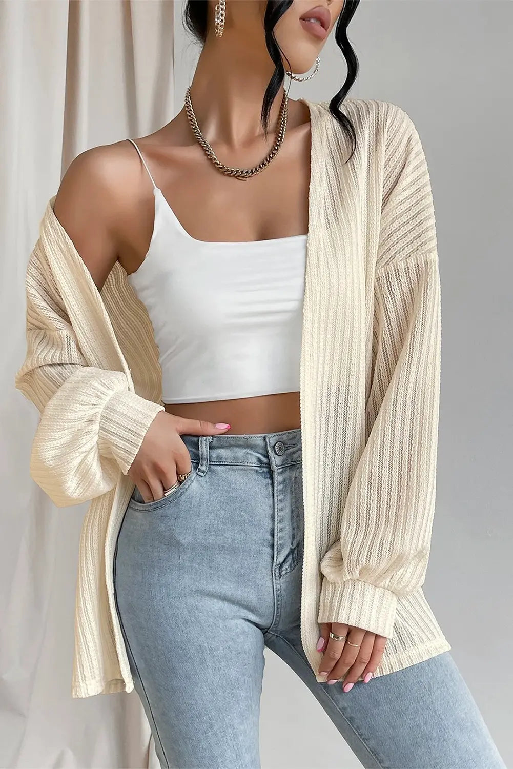 Beige Textured Lantern Sleeve Open Kimono Beagle Boutique Fashion Outlet