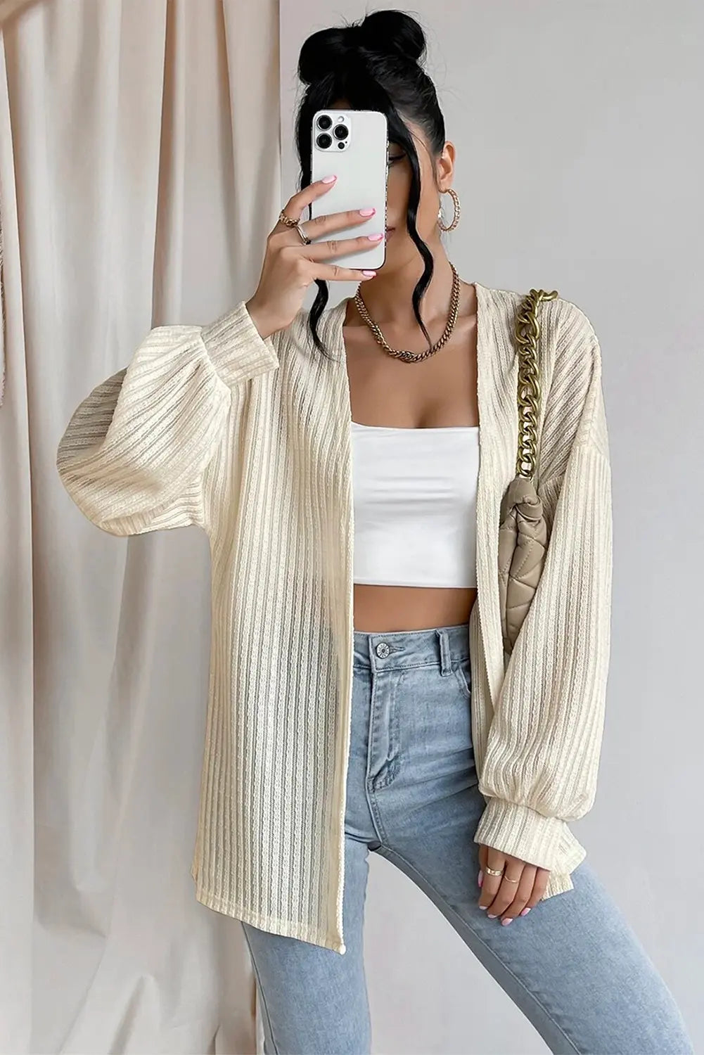 Beige Textured Lantern Sleeve Open Kimono Beagle Boutique Fashion Outlet