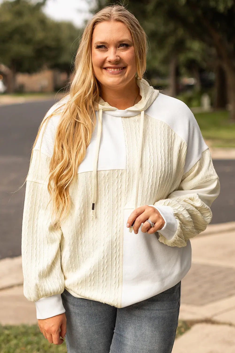 Beige Textured Patchwork Exposed Seam Plus Size Hoodie - eAura