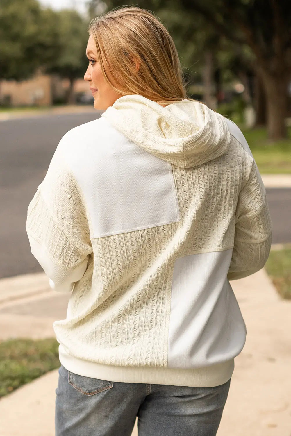 Beige Textured Patchwork Exposed Seam Plus Size Hoodie - eAura