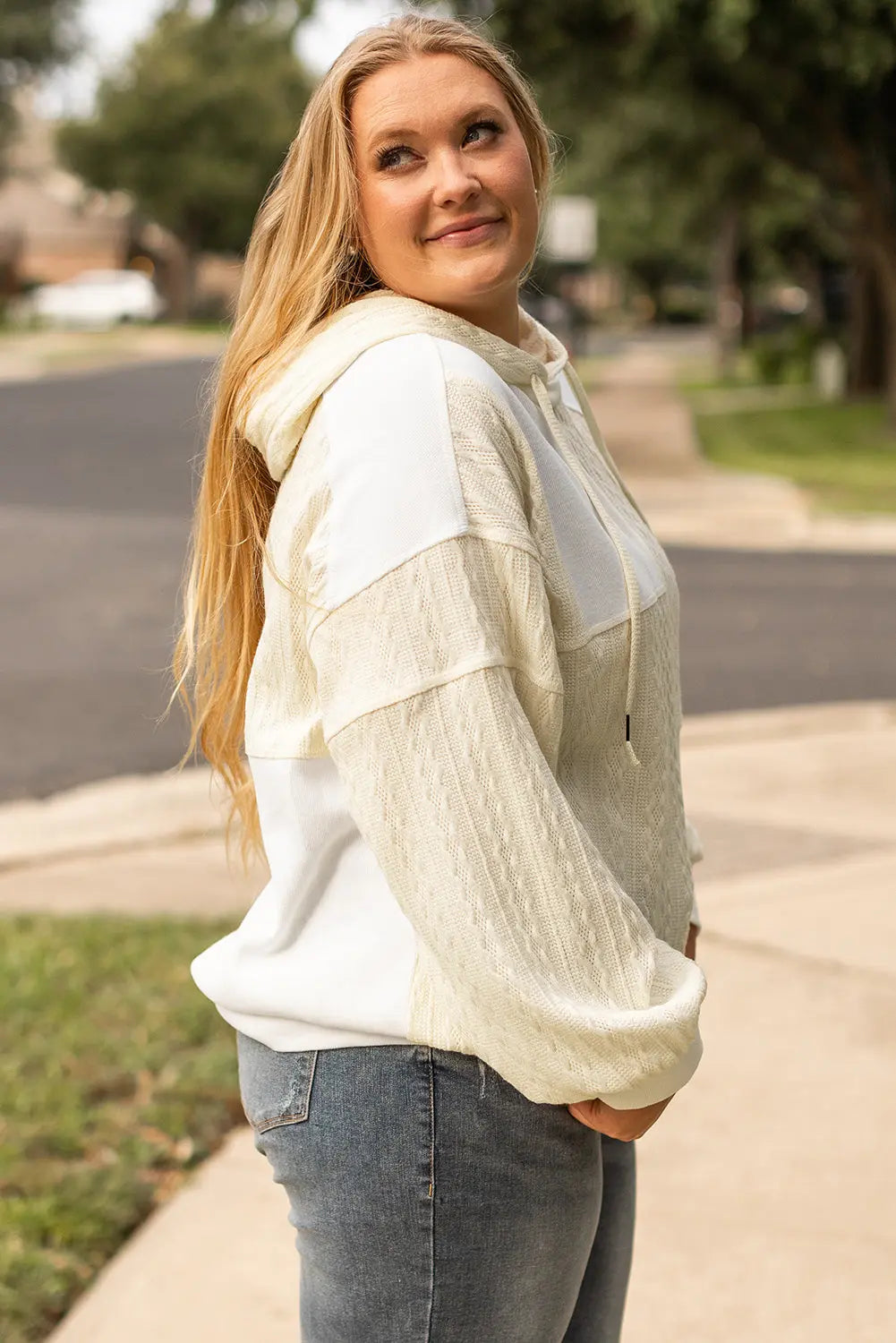 Beige Textured Patchwork Exposed Seam Plus Size Hoodie - eAura