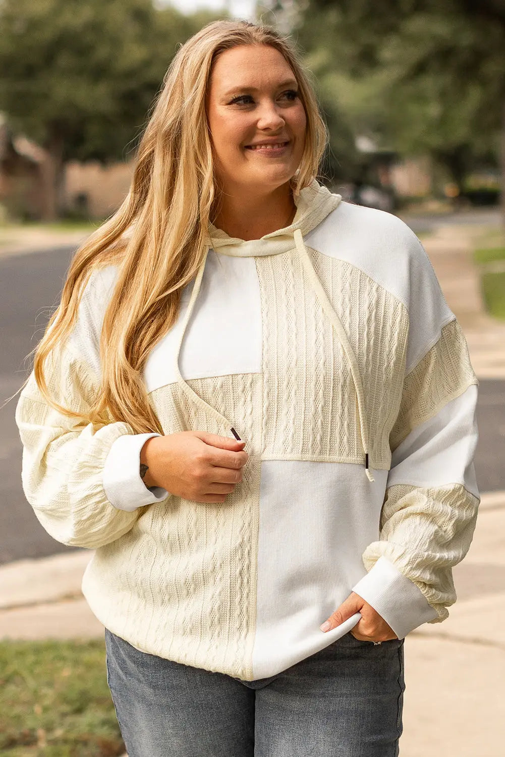 Beige Textured Patchwork Exposed Seam Plus Size Hoodie - eAura