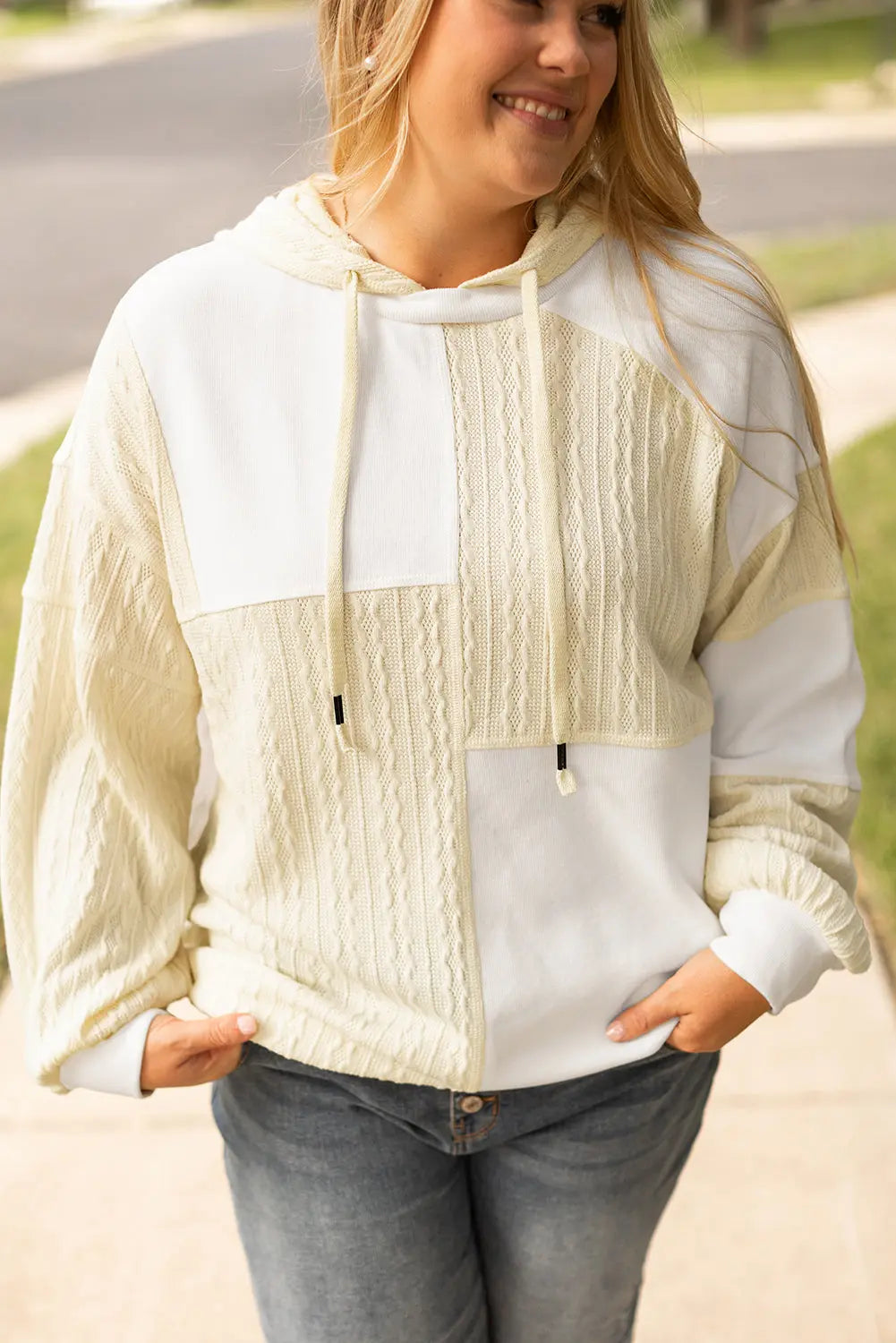 Beige Textured Patchwork Exposed Seam Plus Size Hoodie - eAura
