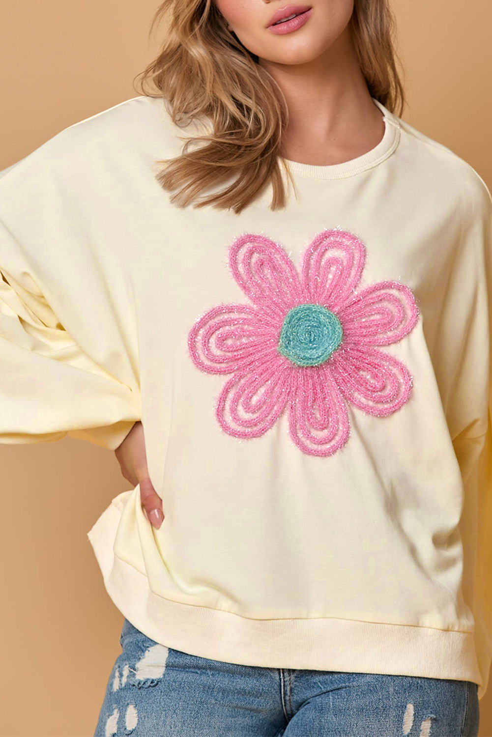 Beige Tinsel Flower Dropped Puff Sleeve Sweatshirt - eAura