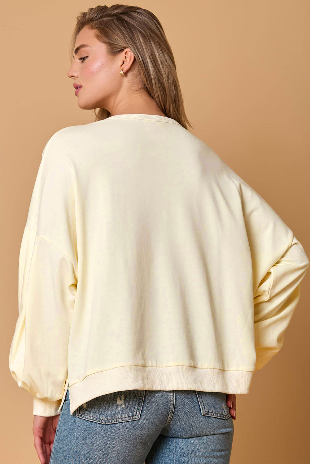 Beige Tinsel Flower Dropped Puff Sleeve Sweatshirt - eAura