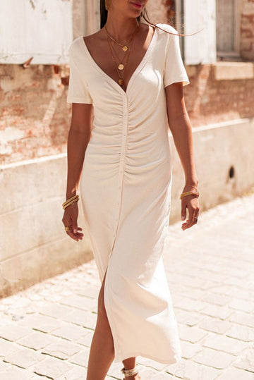 Beige V Neck Ruched Button Front French T-shirt Dress - eAura