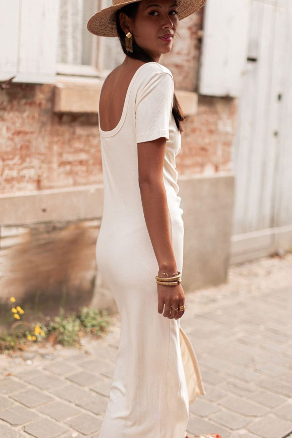 Beige V Neck Ruched Button Front French T-shirt Dress - eAura