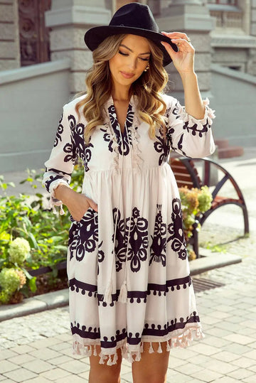 Beige Western Pattern Print Tasseled Notch V Neck Mini Dress - BB Fashion Outlet