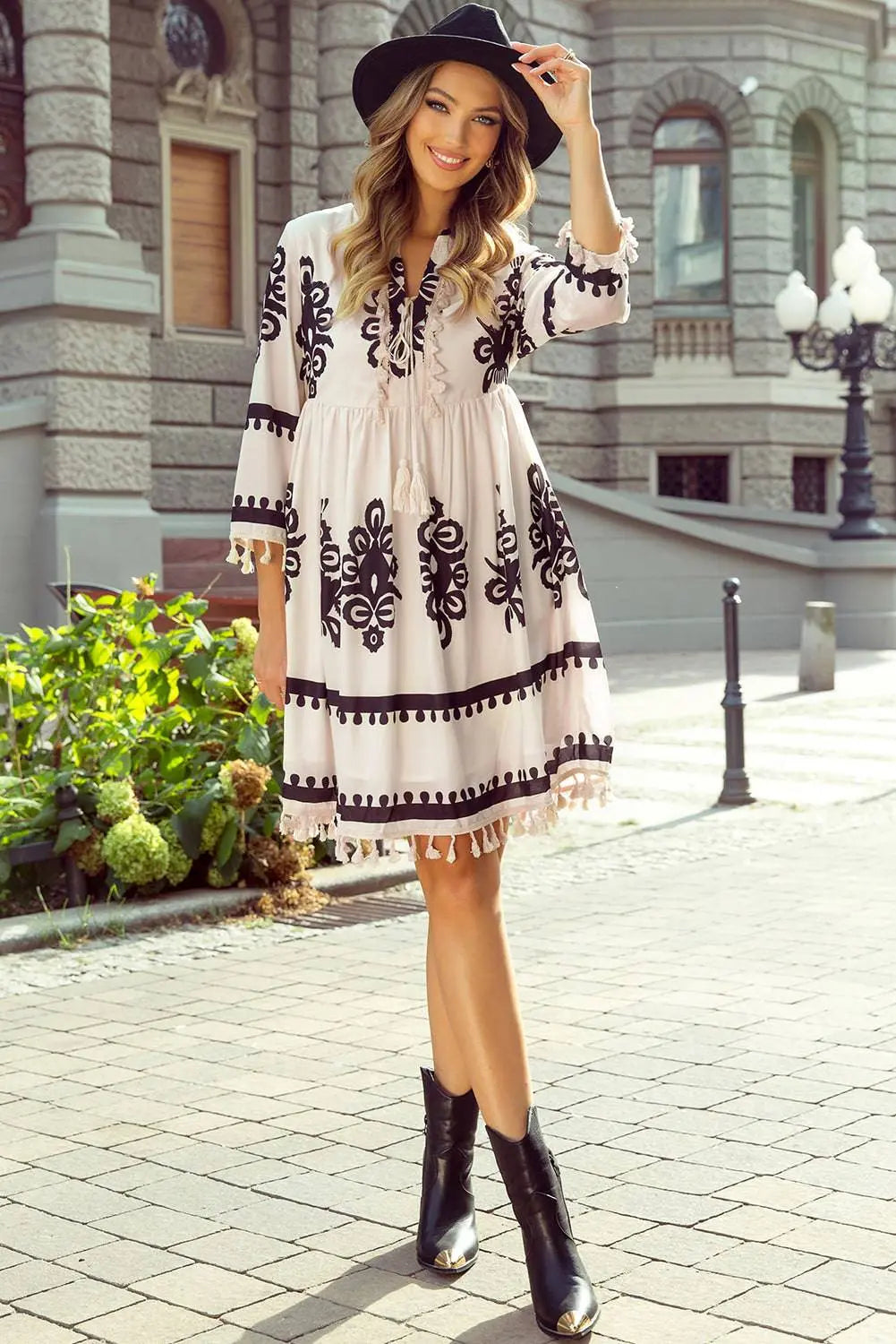 Beige Western Pattern Print Tasseled Notch V Neck Mini Dress - BB Fashion Outlet