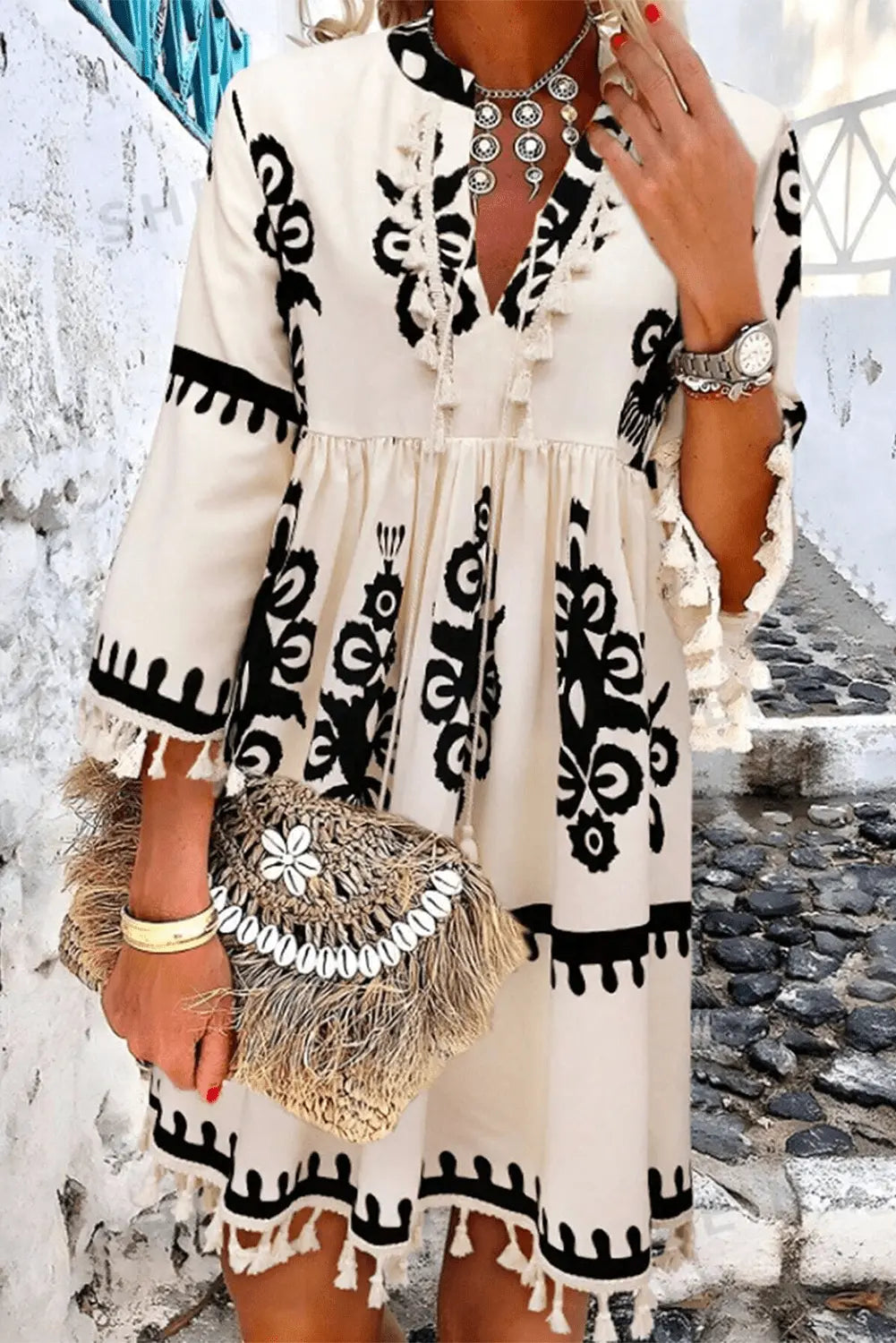 Beige Western Pattern Print Tasseled Notch V Neck Mini Dress - BB Fashion Outlet