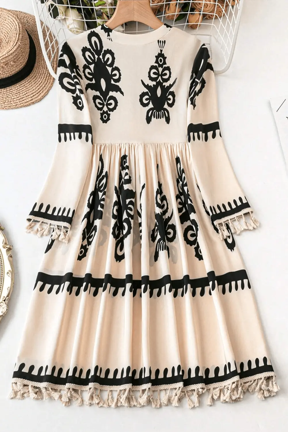 Beige Western Pattern Print Tasseled Notch V Neck Mini Dress - BB Fashion Outlet