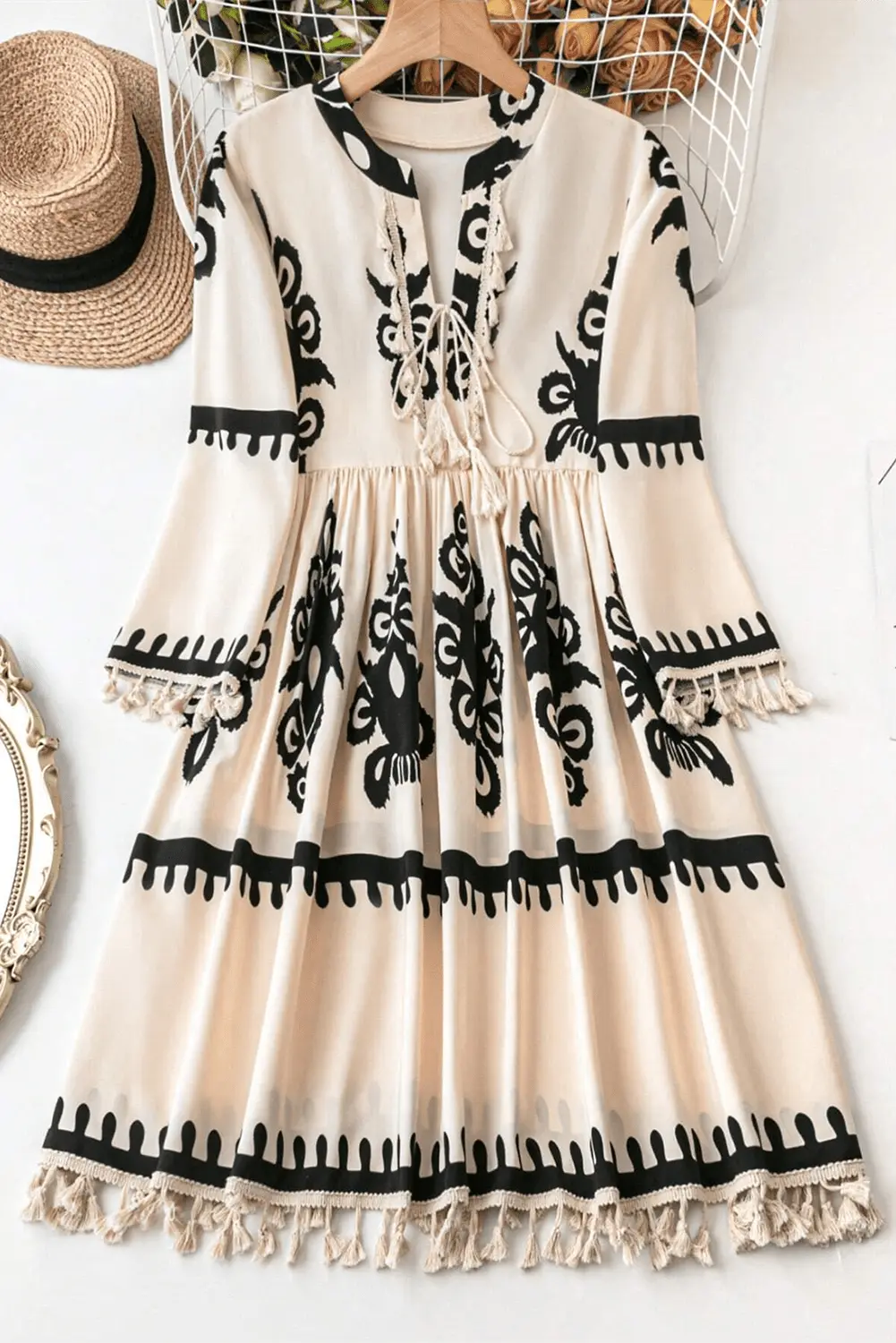 Beige Western Pattern Print Tasseled Notch V Neck Mini Dress - BB Fashion Outlet