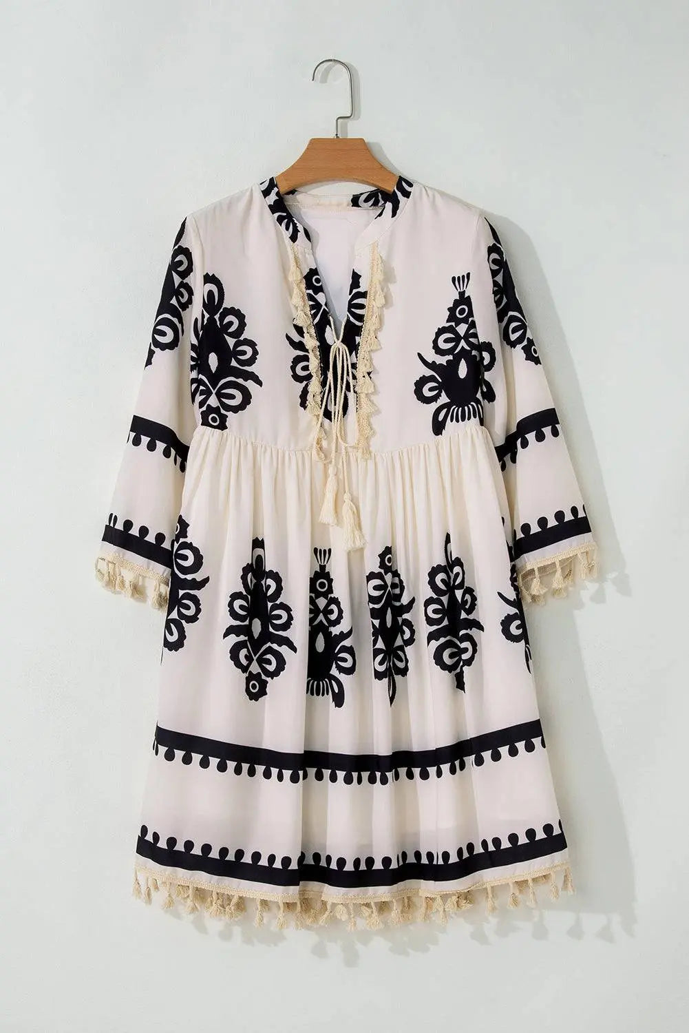 Beige Western Pattern Print Tasseled Notch V Neck Mini Dress - BB Fashion Outlet