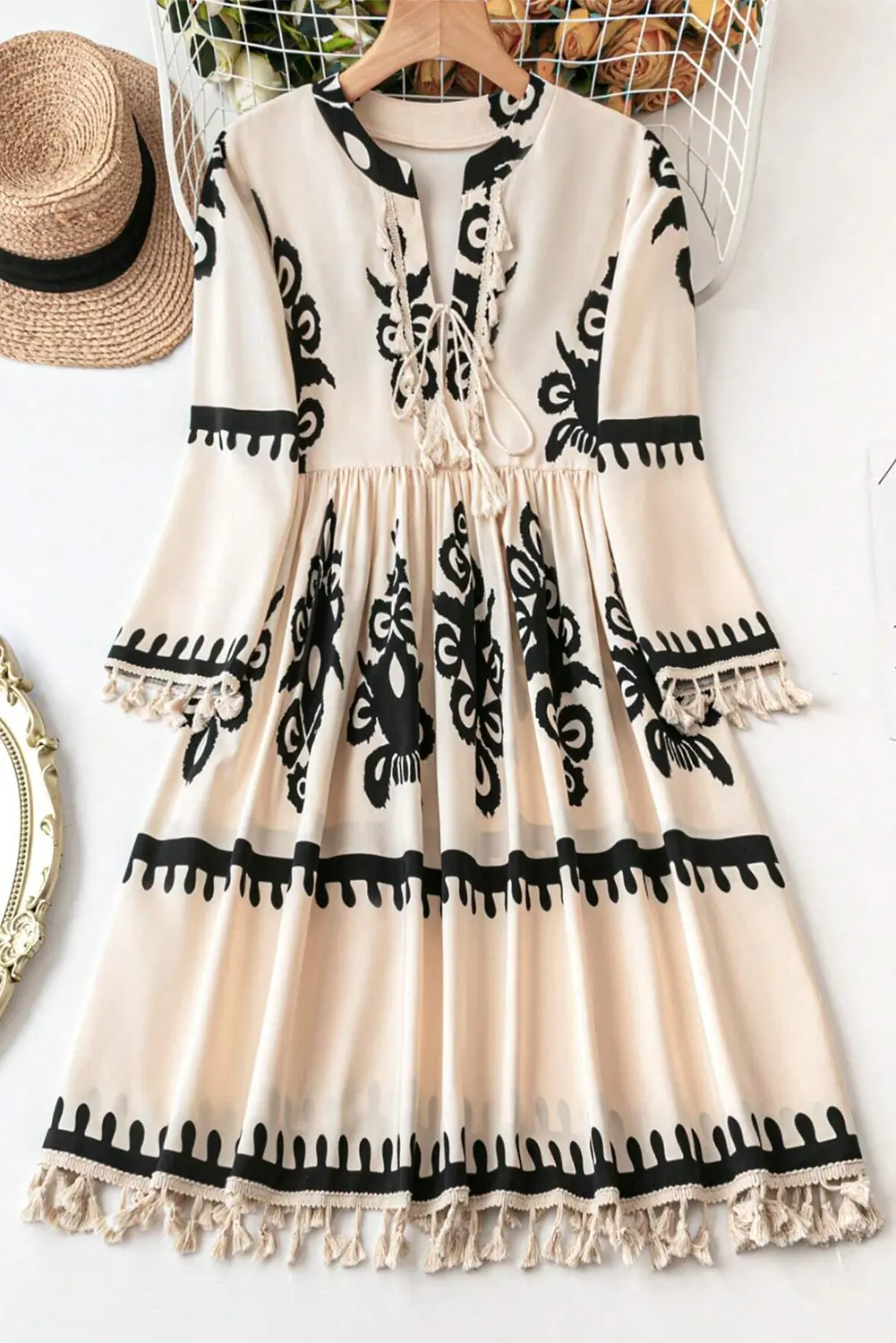 Beige Western Pattern Print Tasseled Notch V Neck Mini Dress - BB Fashion Outlet