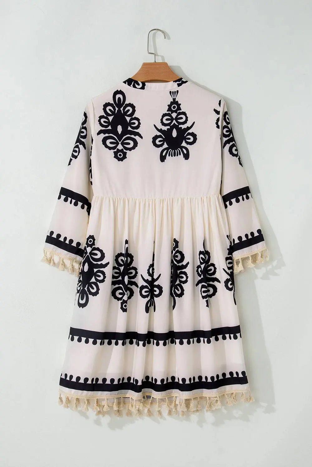 Beige Western Pattern Print Tasseled Notch V Neck Mini Dress - BB Fashion Outlet