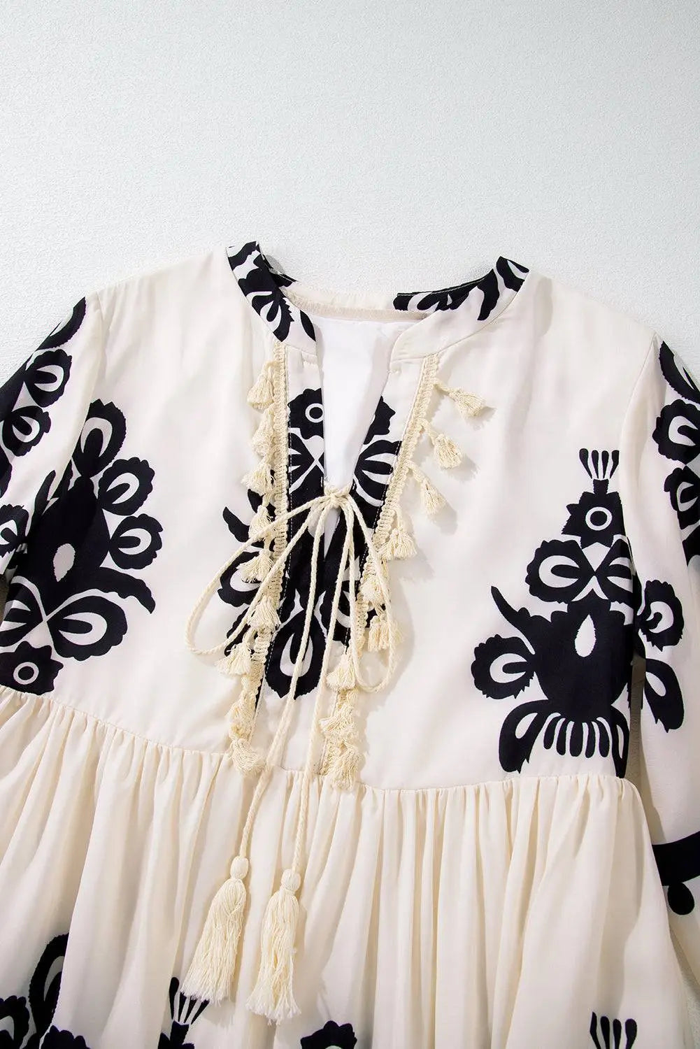 Beige Western Pattern Print Tasseled Notch V Neck Mini Dress - BB Fashion Outlet