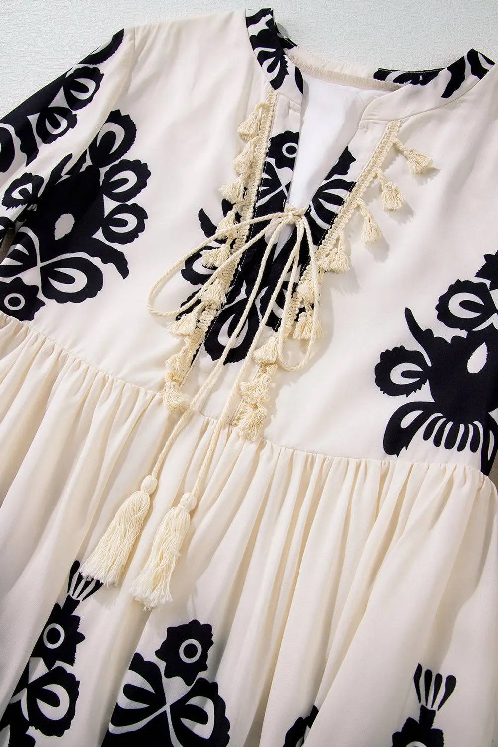 Beige Western Pattern Print Tasseled Notch V Neck Mini Dress - BB Fashion Outlet