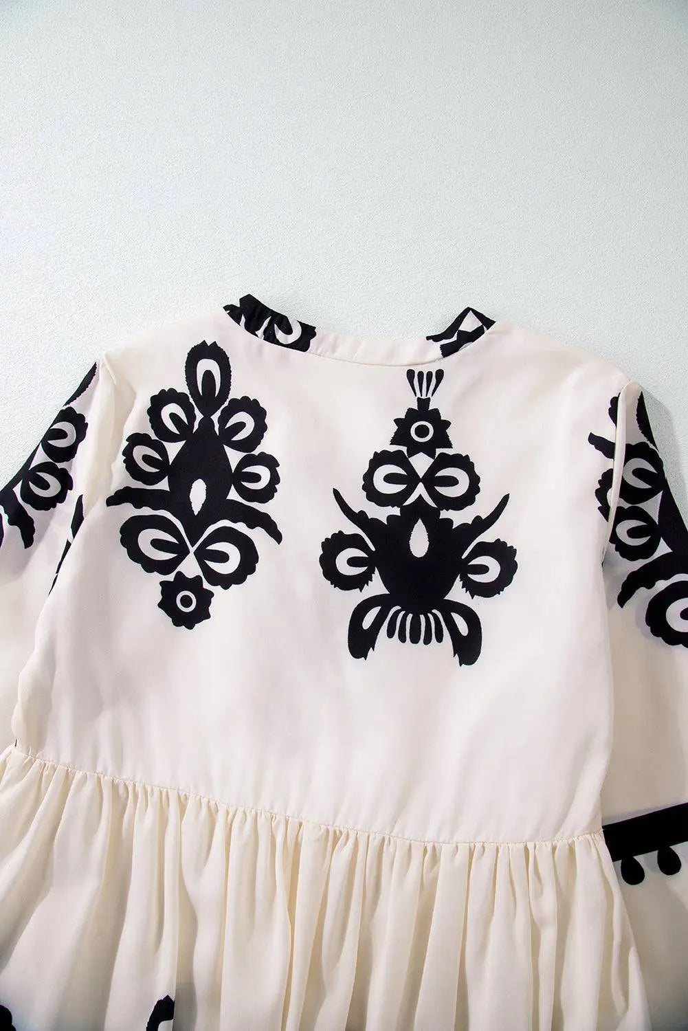 Beige Western Pattern Print Tasseled Notch V Neck Mini Dress - BB Fashion Outlet