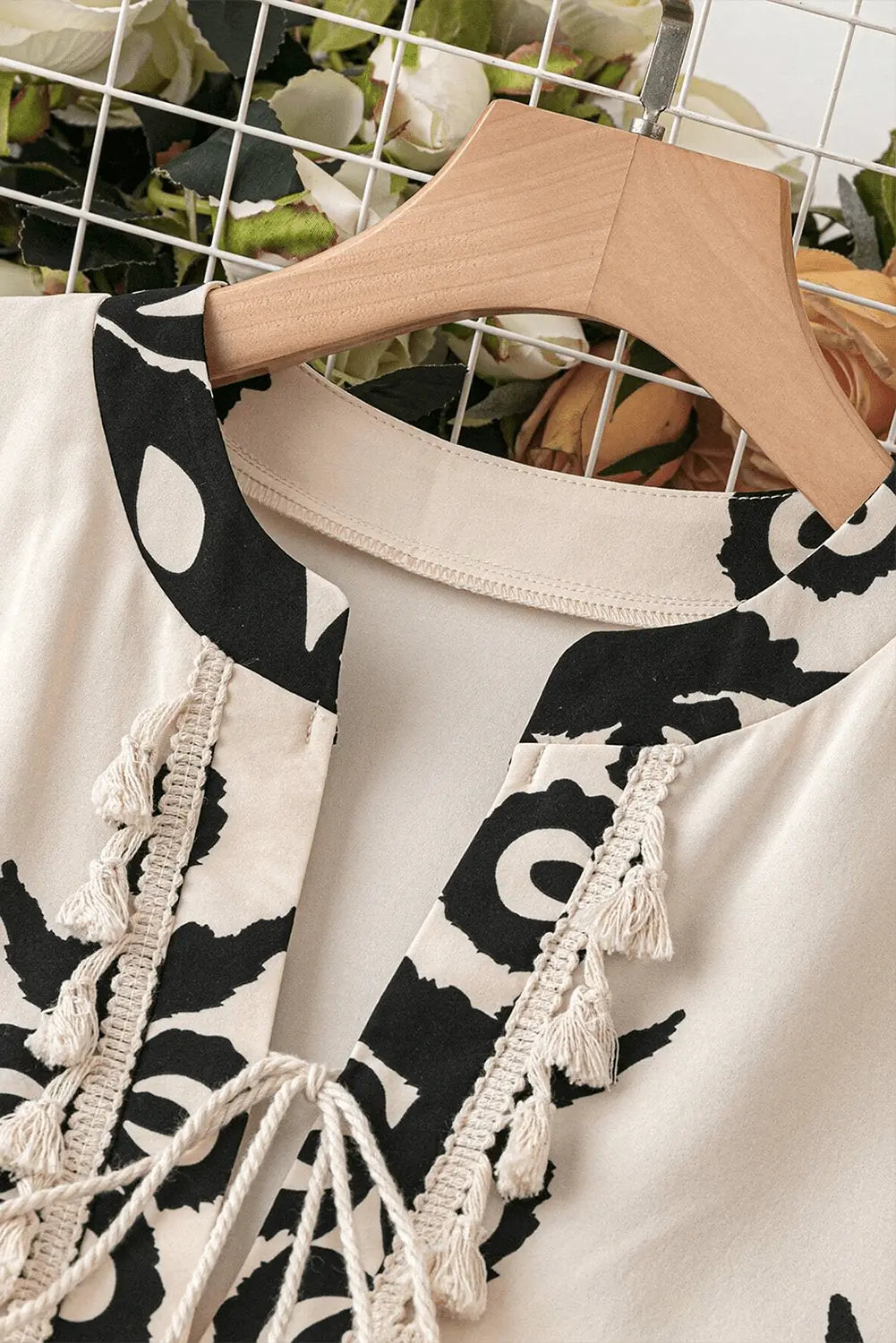 Beige Western Pattern Print Tasseled Notch V Neck Mini Dress - BB Fashion Outlet